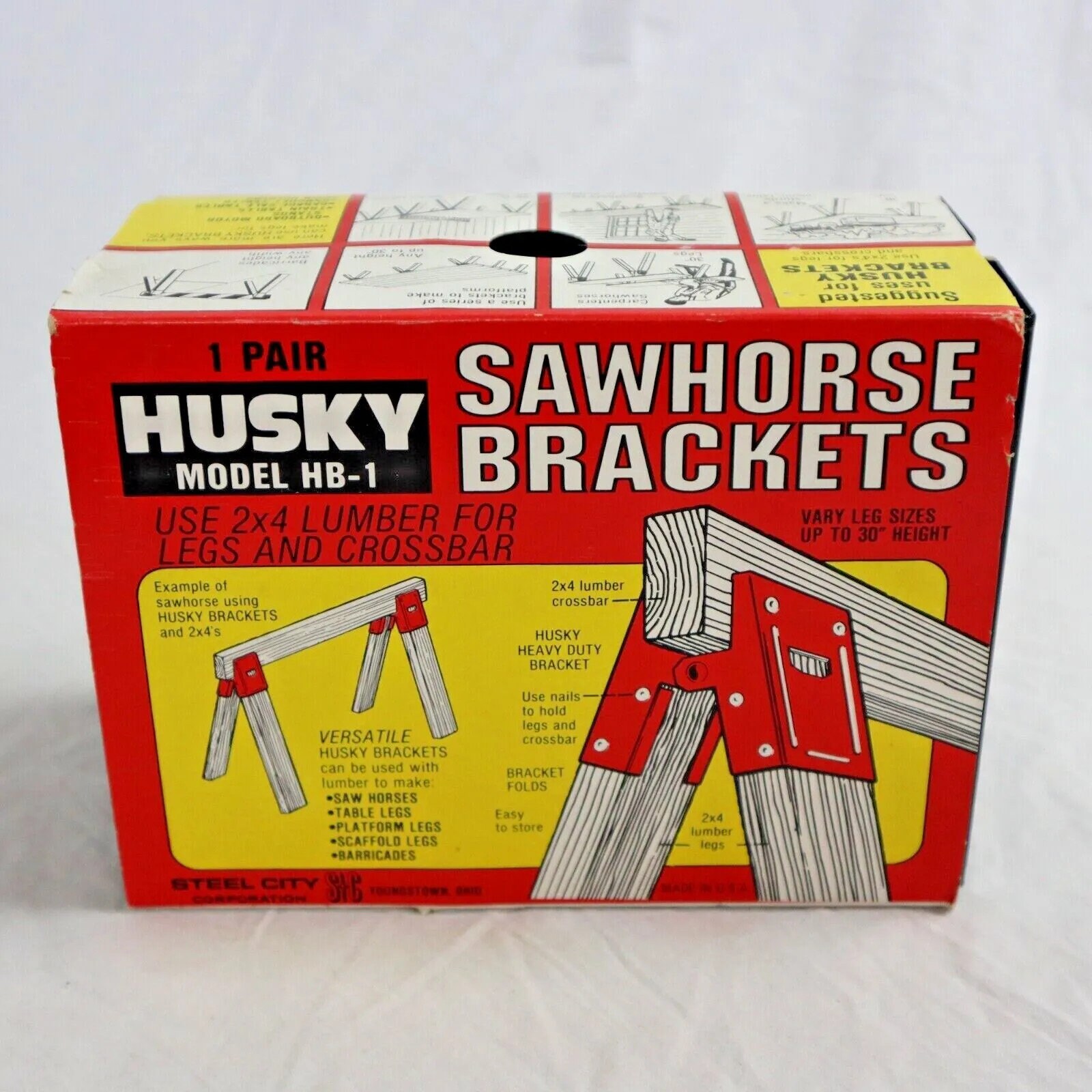 Supports pour chevalet de scie Husky HB-1 vintage neufs NOS noirs fabriqués aux États-Unis, métal, acier, ville