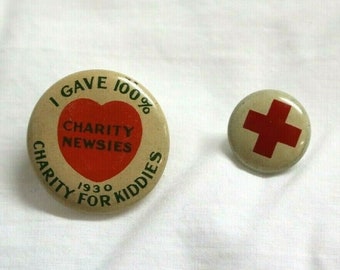 Newsies 1930 & Croix-Rouge Badges I Gave 100 % Charity For Kids vintage