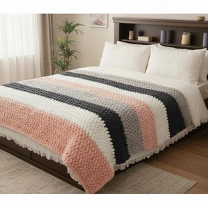 Hand-Crocheted Chunky Knit Blanket – Blush Pink, Charcoal Gray & White – Chevron Texture