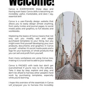 K&ouml;nnte beinhalten: Wei&szlig;es Grafikdesign mit dem Wort "Welcome!" in fetten schwarzen Buchstaben. Der Text darunter behandelt Canva, eine benutzerfreundliche Design-Website, und ihre Verwendung. Im Hintergrund ein Foto einer Kopfsteinpflasterstra&szlig;e zwischen Geb&auml;uden.