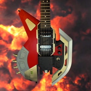 May include: A custom electric guitar with a unique, angular design. The body features red, gold, gray, and black elements, with a futuristic aesthetic. The guitar has a standard neck and fretboard, with a fiery background.
