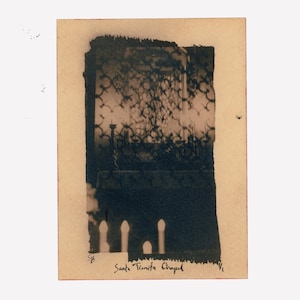 May include: A vintage sepia-toned photograph of the Santa Trinità Chapel. The image features a dark, ornate structure with arched windows and a decorative facade. The text "Santa Trinità Chapel" is handwritten at the bottom.