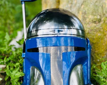 Réplica del casco mandaloriano de Jango Fett de Star Wars / Casco personalizado azul y plateado para cosplay, accesorio coleccionable de ciencia ficción para exhibición y disfraces