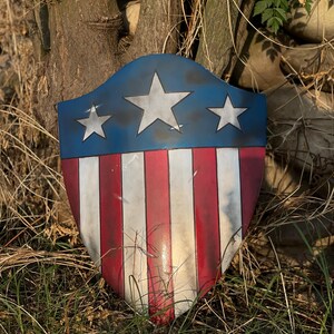 Op de afbeelding: Een schild met een blauw bovenstuk met drie witte sterren. Het schild heeft rode en witte verticale strepen. Het schild leunt tegen een boomstam in een grasveld. Het schild heeft een vintage uitstraling.
