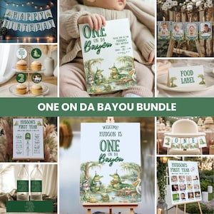 May include: A collection of party decorations with a "One on Da Bayou" theme. Includes a banner, invitations, cupcake toppers, food labels, and a welcome sign. The design features cartoon alligators and swamp imagery, perfect for a first birthday celebration.