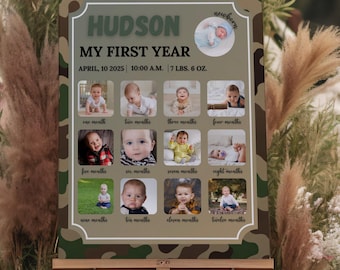 Painel de fotos para o primeiro aniversário "O Grande Caçador", pôster de fotos de aniversário com tema de caça, colagem de fotos do primeiro ano com estampa de camuflagem de veado, decoração de aniversário para o pequeno caçador.