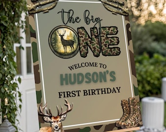 Placa de boas-vindas para festa de aniversário de um ano com tema de caça, decoração para festa de aniversário com tema de caça, placa de aniversário com estampa de camuflagem de veado, placa de boas-vindas para festa de aniversário de pequeno caçador.