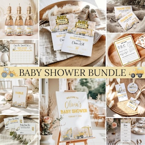 Paquete de baby shower "Bebé en construcción", plantillas editables de Canva, decoraciones con temática de construcción, invitaciones, juegos, letreros y etiquetas.