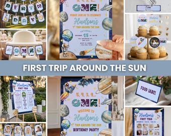 Paquete de cumpleaños "Primer viaje alrededor del sol", decoraciones para fiesta espacial, fiesta de primer cumpleaños con temática galáctica, paquete imprimible para fiesta de astronautas.