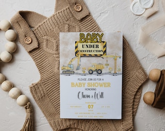 Baby Under Construction Baby Shower Invitation, Editable Canva Invite, Construction Theme Shower, Printable Digital Download, Gender Neutral