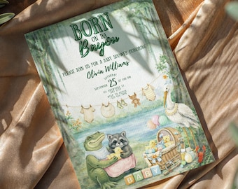 Convite para Chá de Bebê com Tema Bayou, Convite "Nascido no Bayou", Convite para Chá de Bebê com Tema Sulista, Convite para Chá de Bebê com Tema de Jacaré, Convite para Imprimir