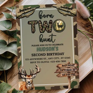 Verjaardagsuitnodiging Born Two Hunt, jongen jagen 2e verjaardagsuitnodiging, tweede verjaardagsuitnodiging Camo, tweede verjaardagsuitnodiging hertenjacht