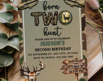 Convite de aniversário "Nascido para Caçar", Convite de aniversário de 2 anos para menino com tema de caça, Convite de aniversário de 2 anos com tema camuflado, Convite de aniversário de 2 anos com tema de caça ao veado
