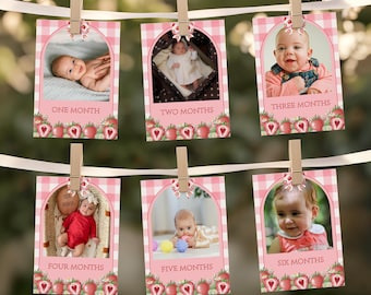 Tarjetas de fotos para el primer cumpleaños con temática de bayas, niña que cumple años con fresas, tarjetas de hitos mensuales, accesorios para fotos de bebés con temática de bayas, plantilla editable