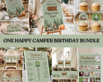 Paquete de cumpleaños de un campista feliz, decoraciones para fiesta de primer cumpleaños de campamento, imprimible con temática de campamento para niños, set editable de cumpleaños de un campista feliz