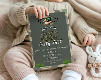 One Lucky Duck Birthday Invitation, Camo Duck First Birthday Invite, Editable Canva Template, Duck Hunting Party Invite, Printable Download