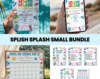 Paquete de baby shower Splish Splash, invitación, calendario de fecha de parto, juegos, invitación de baby shower de verano, plantilla imprimible con temática de fiesta en la piscina y playa.
