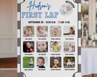 Painel de fotos de aniversário "Primeira Volta na Pista", Colagem de fotos de aniversário com tema de carro de corrida, Decoração de festa com tema de corrida, Pôster de aniversário de um menino