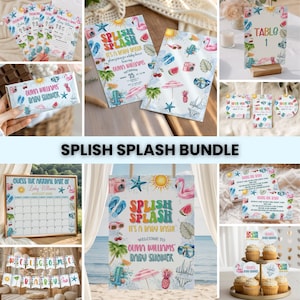 Könnte beinhalten: Eine Sammlung von Babyparty-Dekorationen und Schreibwaren mit Strand-Thema. Die Designs zeigen Illustrationen von Flamingos, Sonnenbrillen und Strandaccessoires. Der Text "Splish Splash" und "Baby Shower" ist auf Einladungen, Schildern und Cupcake-Toppern zu sehen.