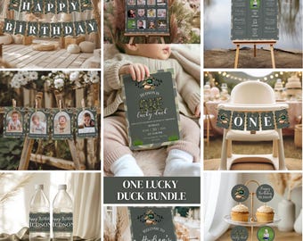One Lucky Duck Birthday Bundle, Duck First Birthday Decor, Camo Duck Hunting Party Decorations, One Lucky Duck Invitation Set for Boys