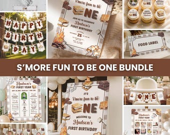 Paquete de cumpleaños "Smore Fun To Be One", decoración neutra para el primer cumpleaños, decoración de cumpleaños con temática de smores, primer cumpleaños de chocolate, cumpleaños de malvaviscos