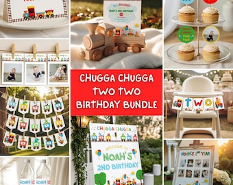 Chugga Chugga Two Two Birthday Bundle, Train Theme 2nd Birthday Party Decor, Editable Canva Templates, Printable Train Birthday Decorations