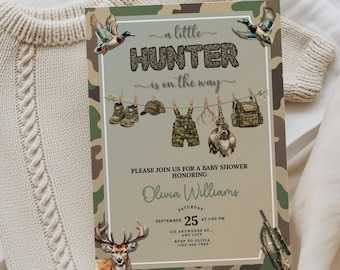 Convite para Chá de Bebê "Pequeno Caçador", Convite com Tema de Caça para Chá de Bebê, "Pequeno Caçador a Caminho", Convite Camuflado para Chá de Bebê, Convite Camuflado