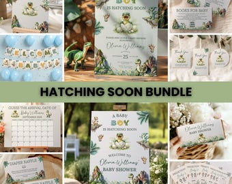 Paquete para baby shower "Un niño nacerá pronto", decoraciones para baby shower de niño con temática de dinosaurios, paquete imprimible para fiesta de dinosaurios, decoración de dinosaurios