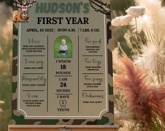 Quadro de Aniversário "O Grande" para Comemorar o Primeiro Aniversário, Placa de Aniversário com Tema de Caça, Quadro de Aniversário com Camuflagem de Veado para o Primeiro Ano, Decorações de Aniversário para o Pequeno Caçador