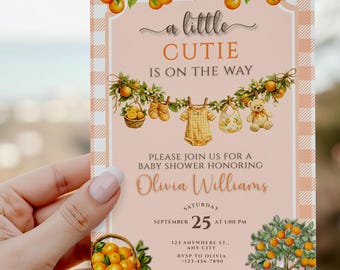 Convite para Chá de Bebê "Um Pequenino Está a Caminho", Convite Laranja, Chá de Bebê Cítrico, Chá de Bebê Neutro