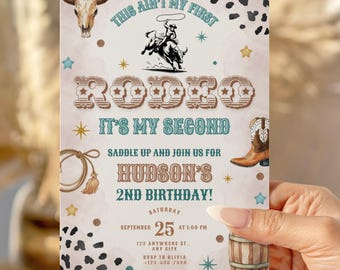 Convite para festa de aniversário de 2 anos com tema de rodeio: "Não é minha primeira vez no rodeio", Convite para festa de aniversário de 2 anos com tema de cowboy, Festa de aniversário no estilo faroeste, Convite para festa de aniversário de 2 anos com tema de rodeio de cowboy