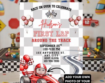 Convite de aniversário editável com tema de carro de corrida, convite para a primeira volta na pista, convite para festa de aniversário com tema de corrida para menino, convite de aniversário com carro de corrida vermelho.