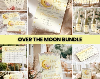 Kit Chá de Bebê "Nas Nuvens", Decorações Neutras para Chá de Bebê, Decoração Unissex para Chá de Bebê com Tema de Lua, Modelos para Chá de Bebê com Tema de Lua