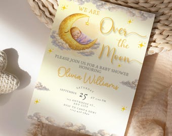 Convite para Chá de Bebê "Nas Nuvens", Convite Neutro para Chá de Bebê, Chá de Bebê com Tema de Lua e Sem Indicação de Gênero, Convite para Imprimir, Chá de Bebê com Tema de Estrelas e Lua