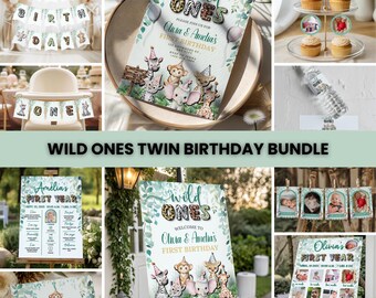 Kit de Aniversário de Gêmeos "Wild Ones", Decorações para Festa Safari, Kit de Aniversário para Gêmeos com Tema Selva, Decorações para Festa de Aniversário de Gêmeos com Tema Safari