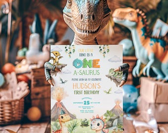 Convite de Aniversário de Um Ano com Tema de Dinossauro para Menino, Convite "Um Ano de Dinossauro", Convite de Aniversário de Dinossauro Editável, Primeiro Aniversário com Tema de Dinossauro