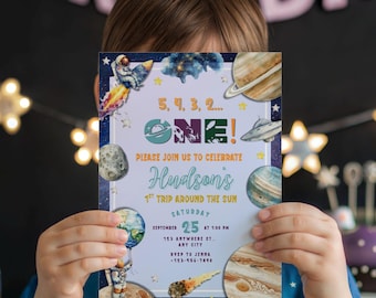 Invitación del primer viaje alrededor del sol, invitación de cumpleaños espacial, primer cumpleaños de niño con temática galáctica, fiesta de astronautas, invitación editable del espacio exterior,