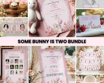 Kit de Aniversário "Algum Coelhinho Faz Dois Anos", Decorações para Festa de Coelhinho para Menina, Kit para Segundo Aniversário, Tema Coelhinho Rosa, Decoração Floral Rosa para Aniversário de Coelhinho