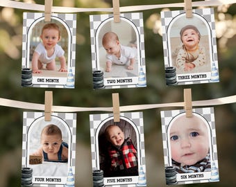 Cartões de fotos mensais da primeira volta na pista, cartões de marcos do bebê com tema de corrida, cartões de fotos do primeiro ano com tema de corrida, foto do primeiro aniversário do menino.