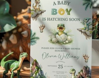 Invitación para baby shower de niño con temática de dinosaurios, invitación para baby shower de niño con dinosaurios, invitación imprimible para baby shower con temática de dinosaurios.