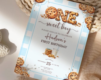 Convite de Aniversário "Um Doce Menino", Convite para Festa de Aniversário com Biscoitos, Convite para Festa de Leite e Biscoitos, Convite Imprimível para Aniversário de Menino