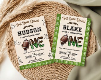 First Year Down Birthday Invitation, Editable Football 1st Birthday Invite Boy, First Year Down Party Template, Football Birthday Invite