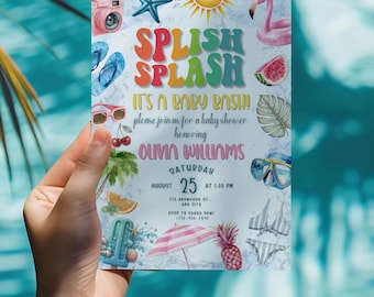 Invitación para baby shower con temática de salpicaduras, invitación para fiesta de baby shower en la piscina, baby shower playero, invitación imprimible para baby shower tropical, invitación editable.