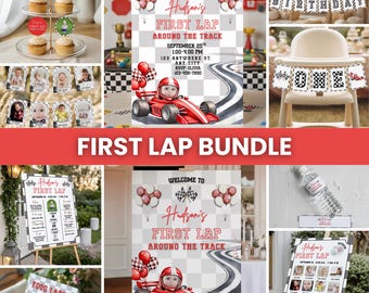 Kit de decoração para festa de aniversário com carro de corrida vermelho (editável), decoração para festa "Primeira Volta na Pista", decoração para festa de aniversário com tema de carro de corrida para menino, conjunto de decoração com carro de corrida vermelho.