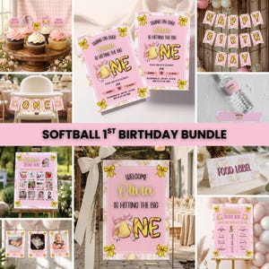 May include: A collection of softball-themed party decorations and supplies. Includes invitations, cupcake toppers, banners, and signs with a pink and yellow color scheme. The text includes "ONE" and "Olivia is hitting the big ONE".
