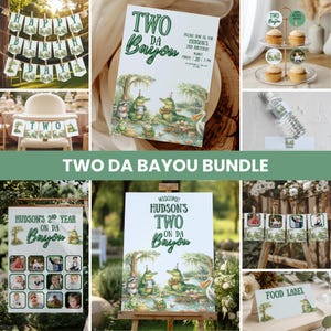 May include: A collection of party decorations with a swamp theme. Includes a banner that says "Happy Birthday", invitations, cupcake toppers, water bottle labels, and a welcome sign. The theme is "Two Da Bayou".