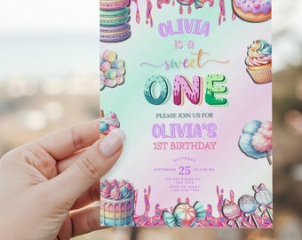 Invitación de primer cumpleaños "Dulce Primer Cumpleaños", Invitación de cumpleaños con helados y dulces, Fiesta de dulces en tonos pastel, Invitación de cumpleaños de Candyland, Cumpleaños de donas