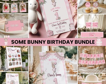 Einige Häschen sind ein Geburtstags-Bundle, Dekorationen zum ersten Geburtstag mit Einladung, Willkommensschild, Banner, Meilensteintafel, Party Decor Set Kit