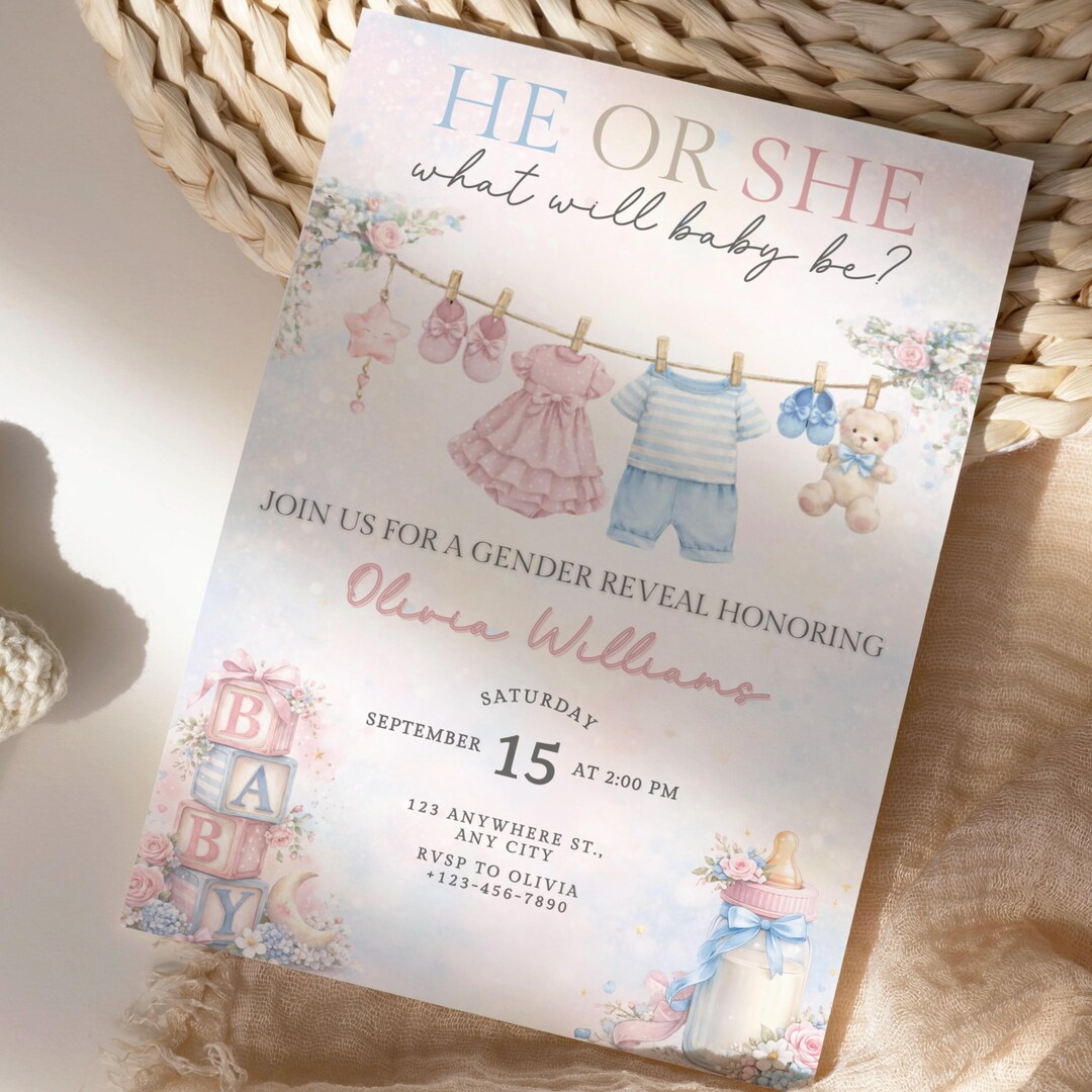 He or She What Will Baby Be Invitation, Gender Reveal Invitation ...