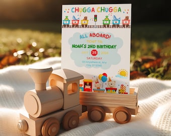 Chugga Chugga Two Two Birthday Invitation, Train Theme 2nd Birthday Invite for Boys, Editable Canva Template, Printable Train Party Invite